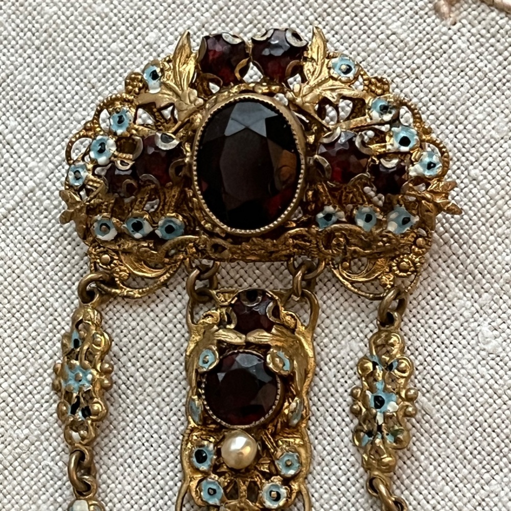 Stunning Vintage Czech Garnet & Pearl Brooch